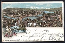 Litho Zürich, Stadtansicht mit Flusspar
