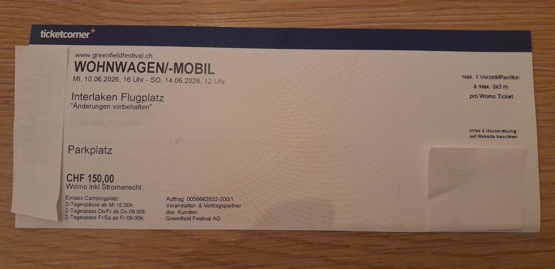 Tickets: Greenfield WOMO Ticket – Neu und originalverpackt aus Gebenstorf von duck4