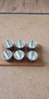 Vintage Pewter Shot Glasses Set on Wood Serving Tray