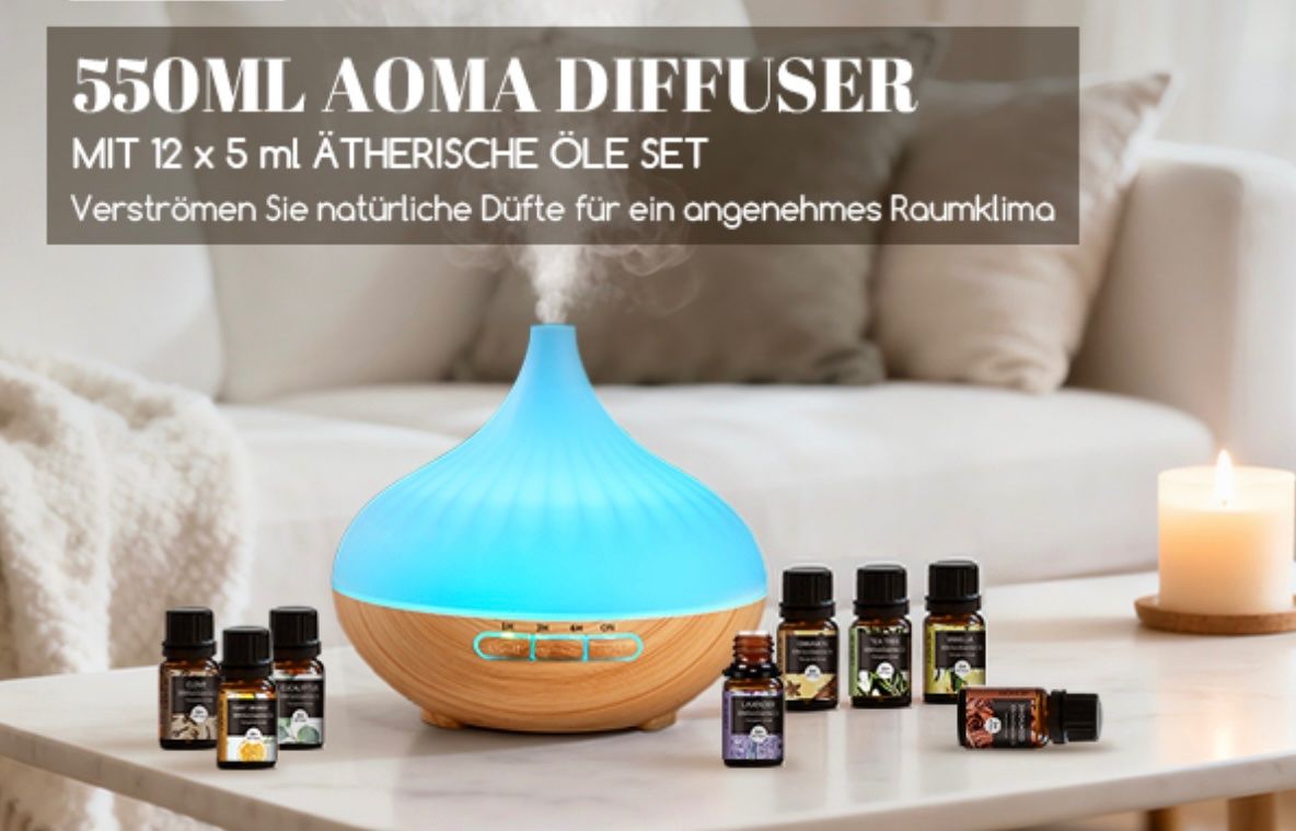 Diffusori di oli essenziali: Aroma Diffuser mit 12 Ätherischen Ölen, 500ml weiss-braun – Nuovo e nell'imballaggio originale da Basel venduto da Seifehuesli 1