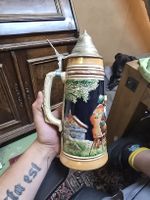 Bierkrug mit Zinndeckel 1L Keramik alt (D1)