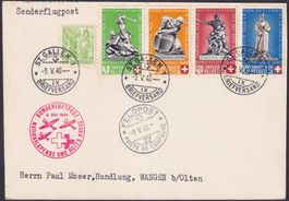 1940, B3-B6+Nr.208 auf Beleg vom Rotkreuz-Flug: ST.GALLEN 22
