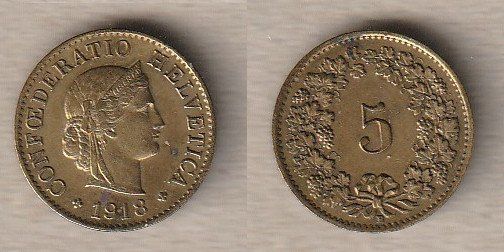 Tutti le monete: 5 Rappen 1918 Messing ss – Usato da Allschwil venduto da Coinfreak