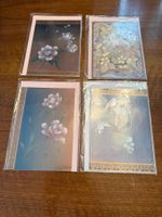 4 Grusskarten mit Blumen und Vögeln, neu in Verpackung