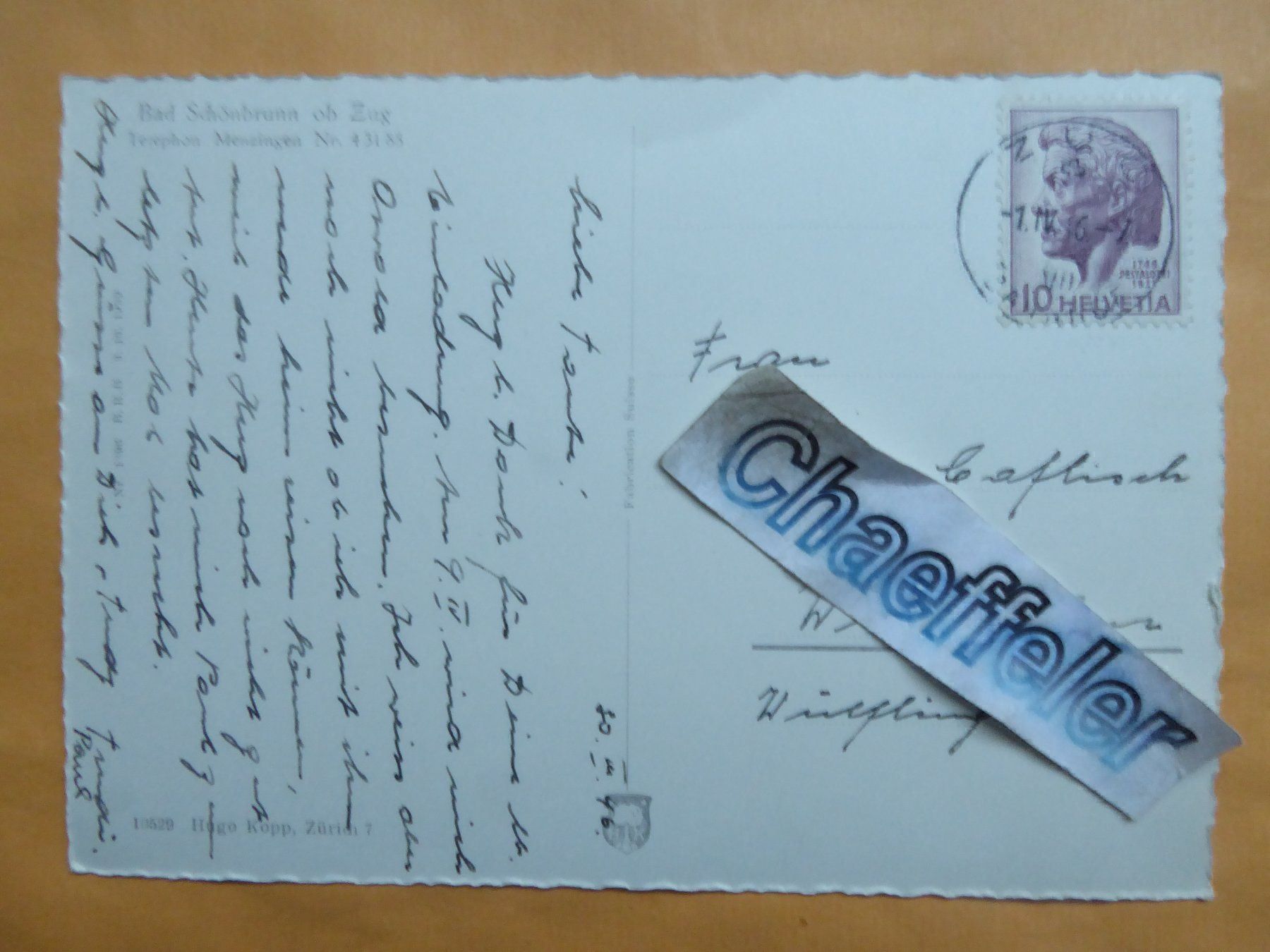 Ansichtskarten: 1946 Bad Schönbrunn ob Zug – Gebraucht aus Zürich von Chaeffeler 1