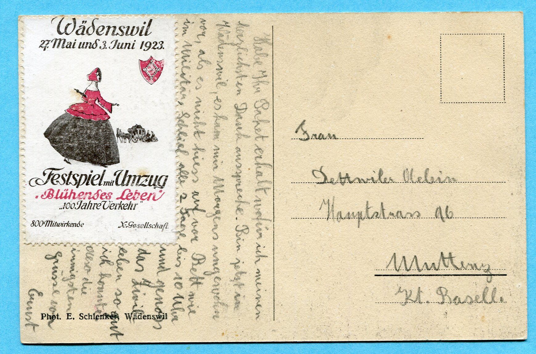 Cartoline postali: Wädenswil - Schloss 1923 mit Vignette – Usato da Opfikon venduto da Prophila 1