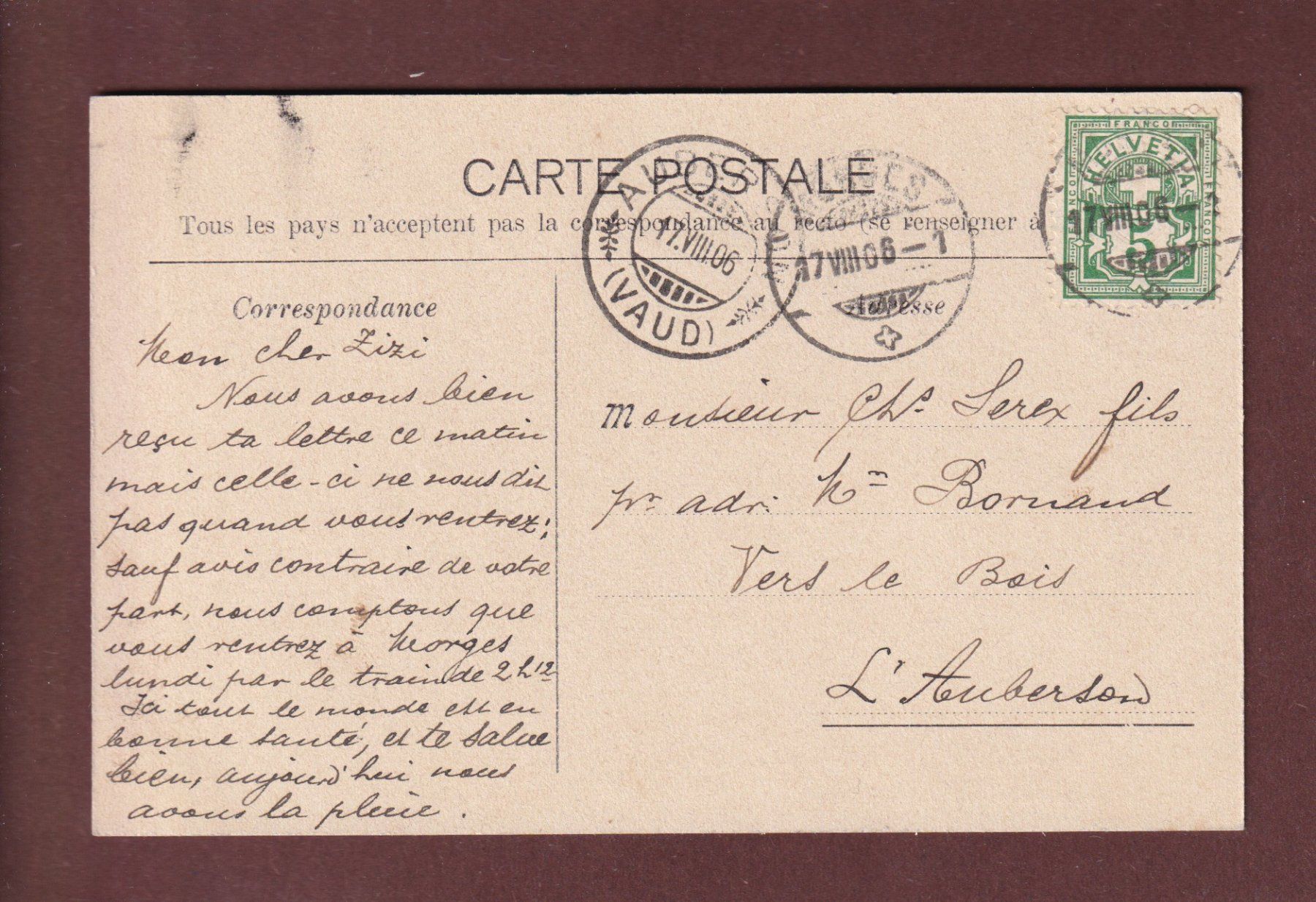 Cartoline postali: GLION et CLARENS - 1906 – Usato da Pully venduto da nicecards-shop 1