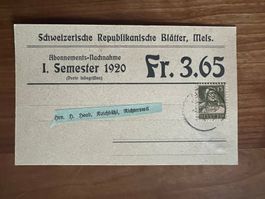 Postkarte 1920 Abo Nachnahme Schw. Republ. Blätter (V940)