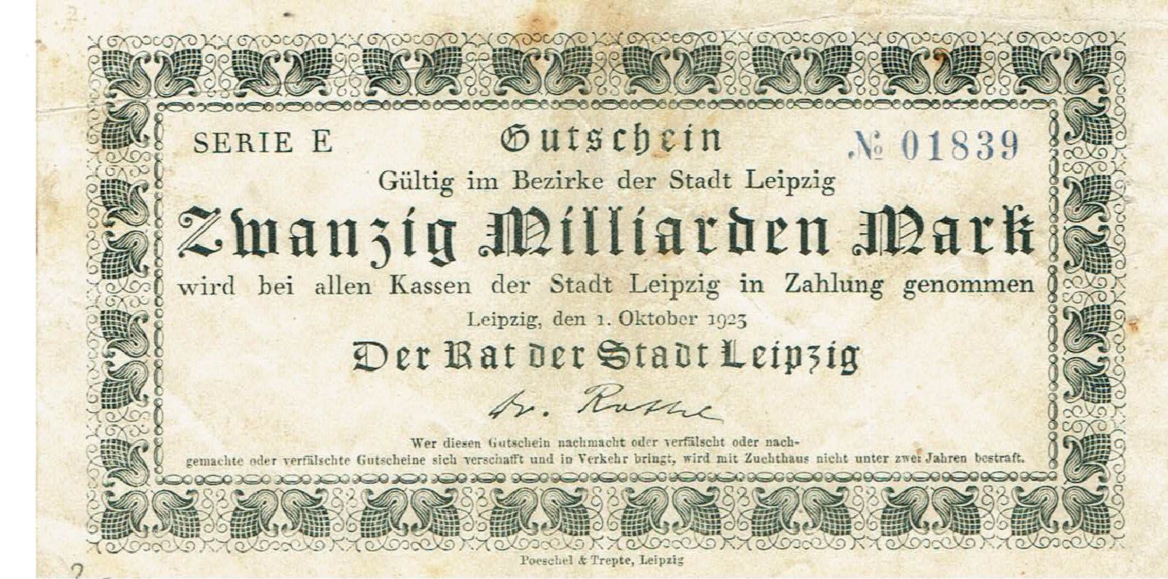 Billets de banque: Leipzig 20 Mrd.Mark Serie E 01.10.1923 VZ-VZ+ – D'occasion à Steffisburg par ber_8htf
