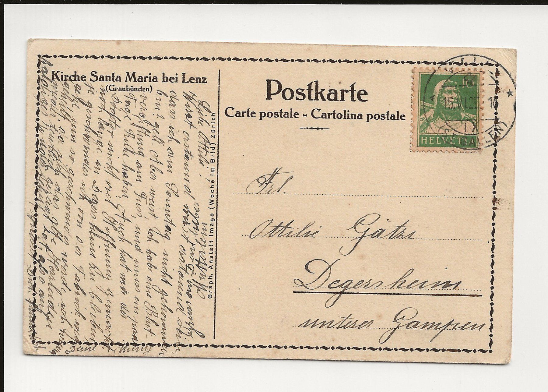 Ansichtskarten: AK 1925 Kirche Santa Maria bei Lenz GR – Gebraucht aus Greifensee von 315WDO 1