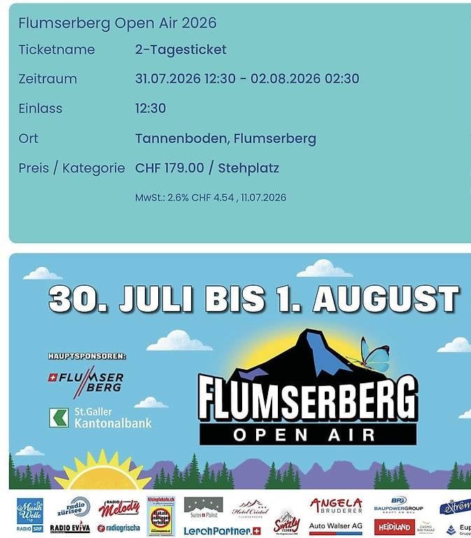 Billets: OpenAir Flumserberge 2-Tagespass – D'occasion à Wynigen par dindu91 1