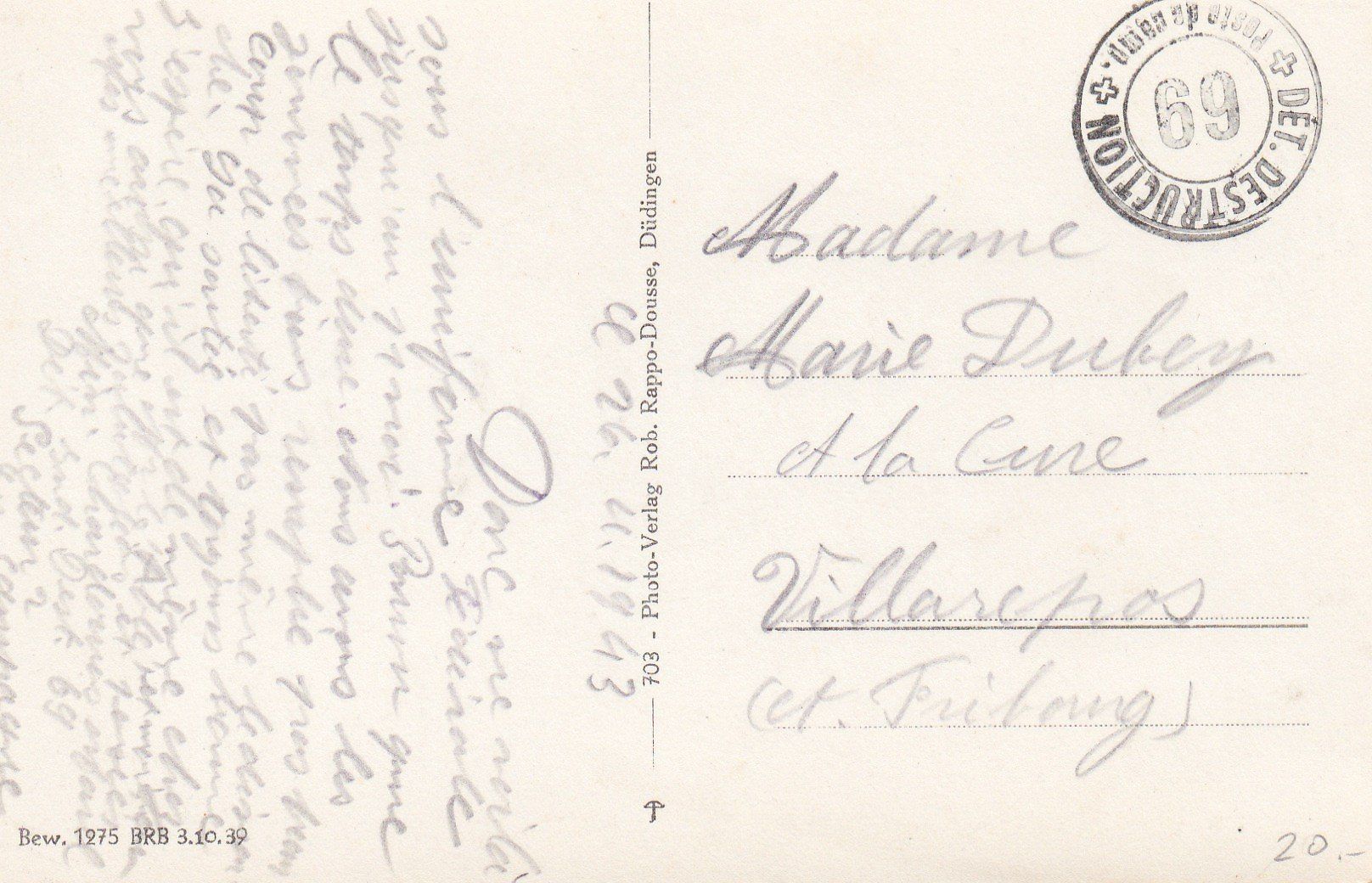 Cartoline postali: AK - Düdingen - gel. 26.4.1943 – Usato da Fribourg venduto da schnalla92 1