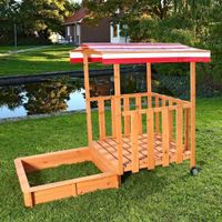 Sandkasten Holz mit Dach + Veranda rot