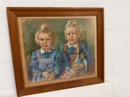 Pastellmalerei Porträt zwei Schwestern Puppe gerahmt Vintage