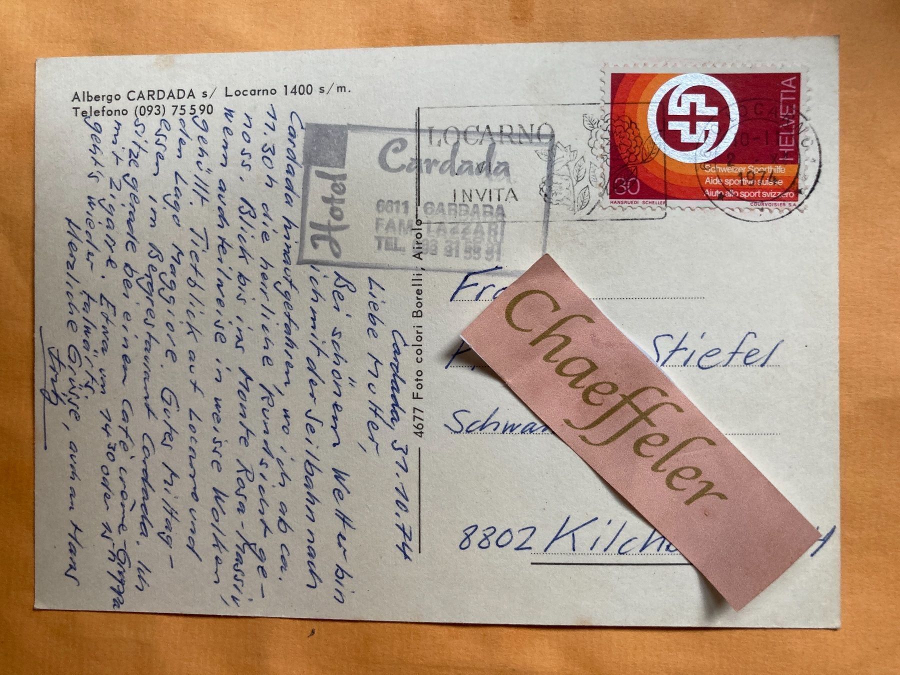 Ansichtskarten: 1974 Albergo CARDADA s/ Locarno – Gebraucht aus Zürich von Chaeffeler 1