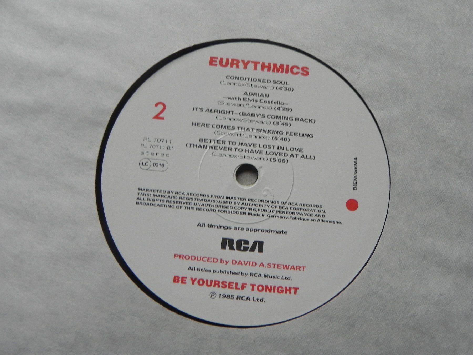 Schallplatten: LP brit. Rock Pop Duo Eurythmics 1985 Be yourself Tonight – Gebraucht aus Siebnen von krimsie 8