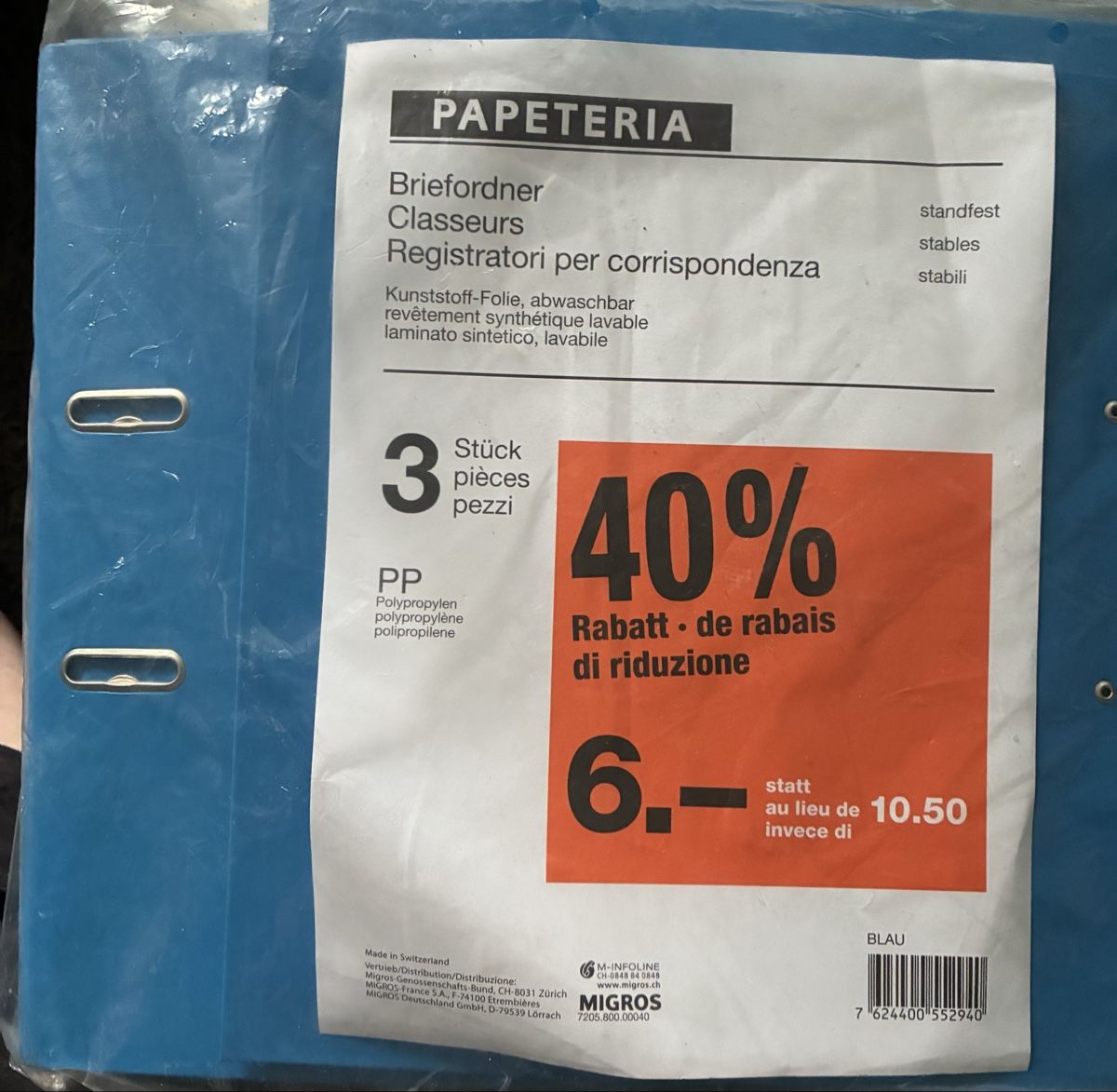 Migros Ordner: Papeteria Briefordner 3 Stk. PP blau ungebraucht – Neu und originalverpackt aus Oberrüti von Jomaru