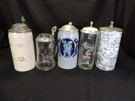 Konvolut, 5 Bierkrüge mit Zinndeckel, Bierkrug Sammlung