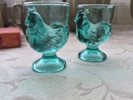 Eierbecher Huhn Grünglas 2er Set Vintage guter Zustand