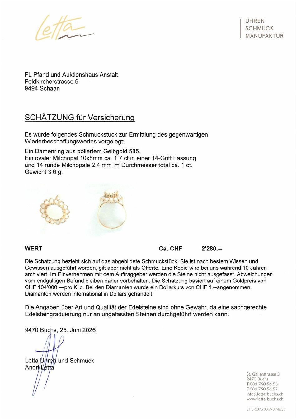 Anelli: LIEBENSWERTER RING AUS 14K GOLD MIT MILCHOPALEN – Usato da Schaan venduto da Pfandhaus-LI 9