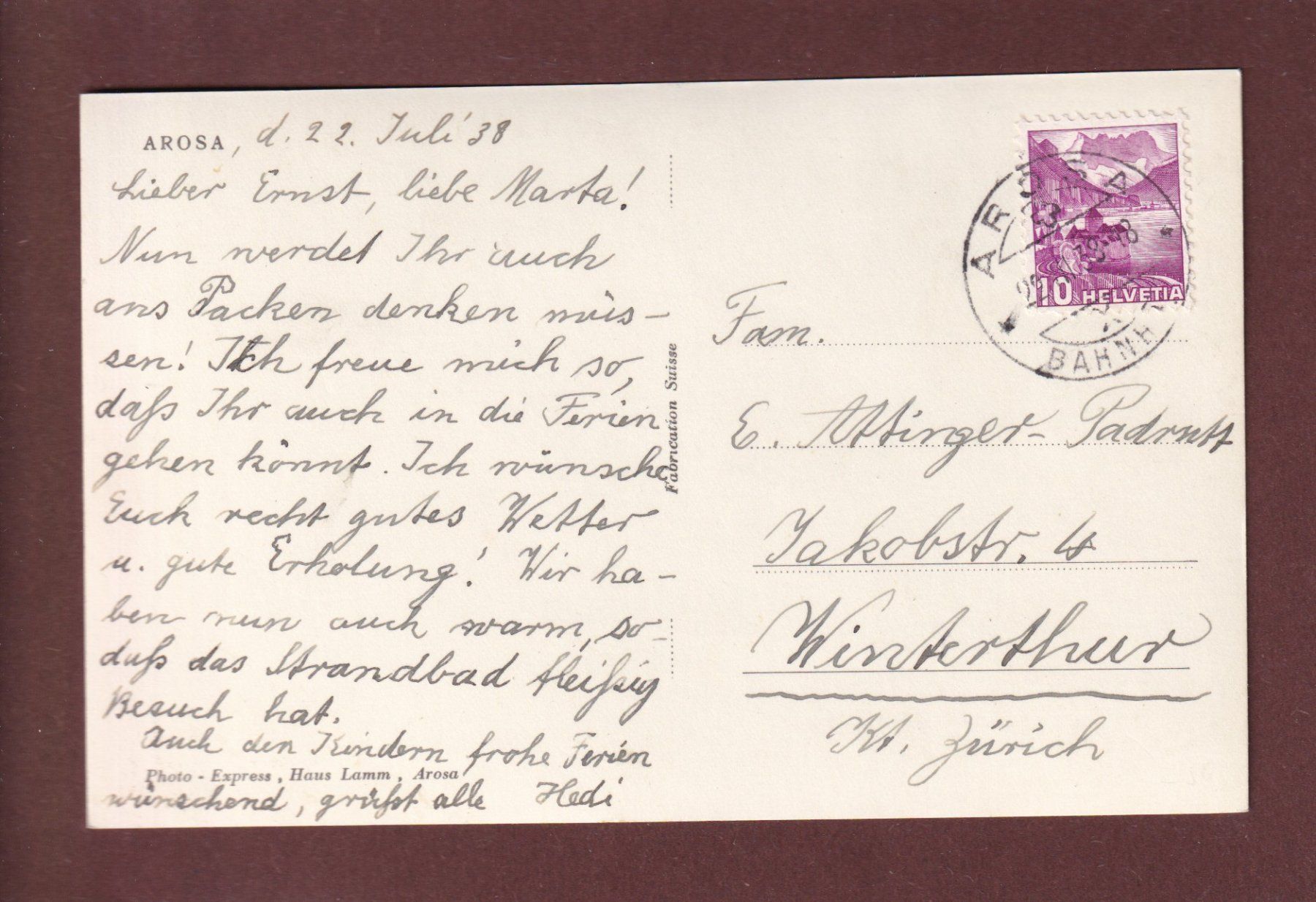 Cartoline postali: AROSA - Kirche - 1938 – Usato da Pully venduto da nicecards 1