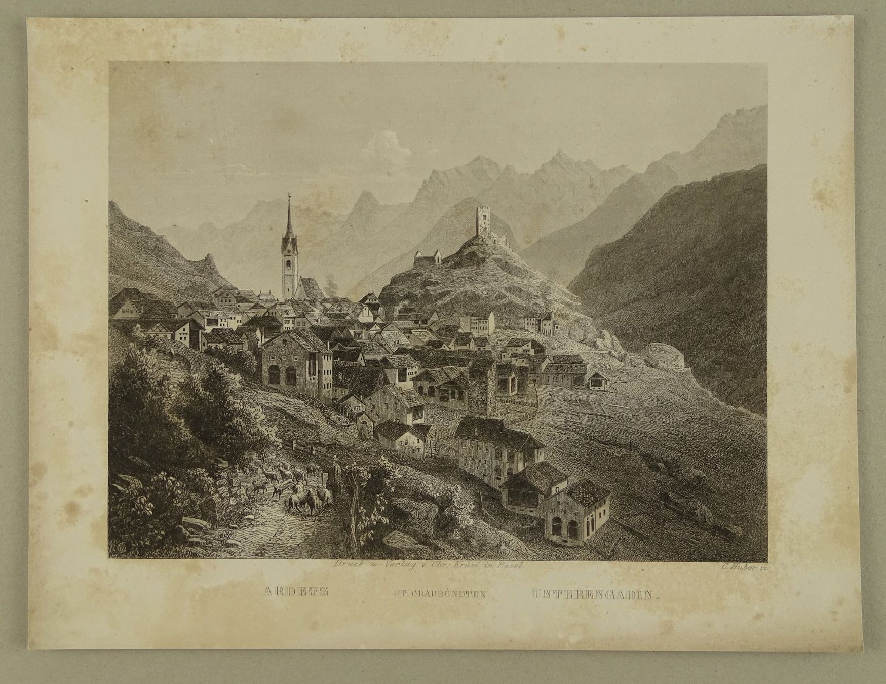 Incisioni: ARDEZ, ENGADIN, STAHLSTICH UM 1870 – Usato da Grüningen venduto da Kartensammler 1