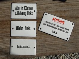 5x alte Emailschild'er Schubladenstock Bad Küche