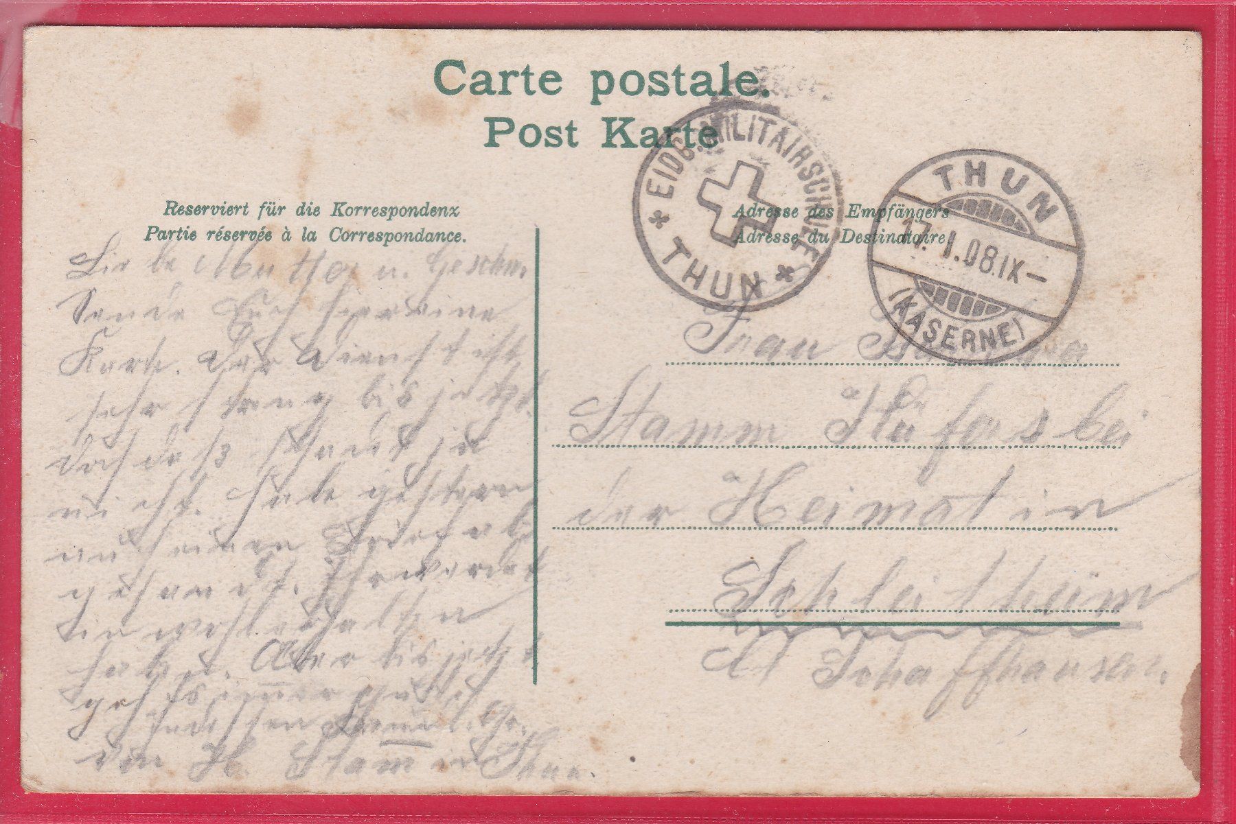 Cartoline postali: THUN MIT TRACHTENFRAU, 17.1.1908, FELDPOST – Usato da Oberrieden venduto da Gebirgsstelze 1