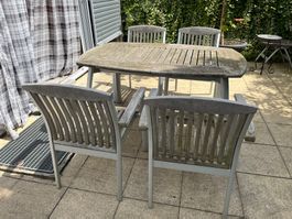Fischer Teak Holz Gartentisch Esstisch ausziehbar + 4 Stühle