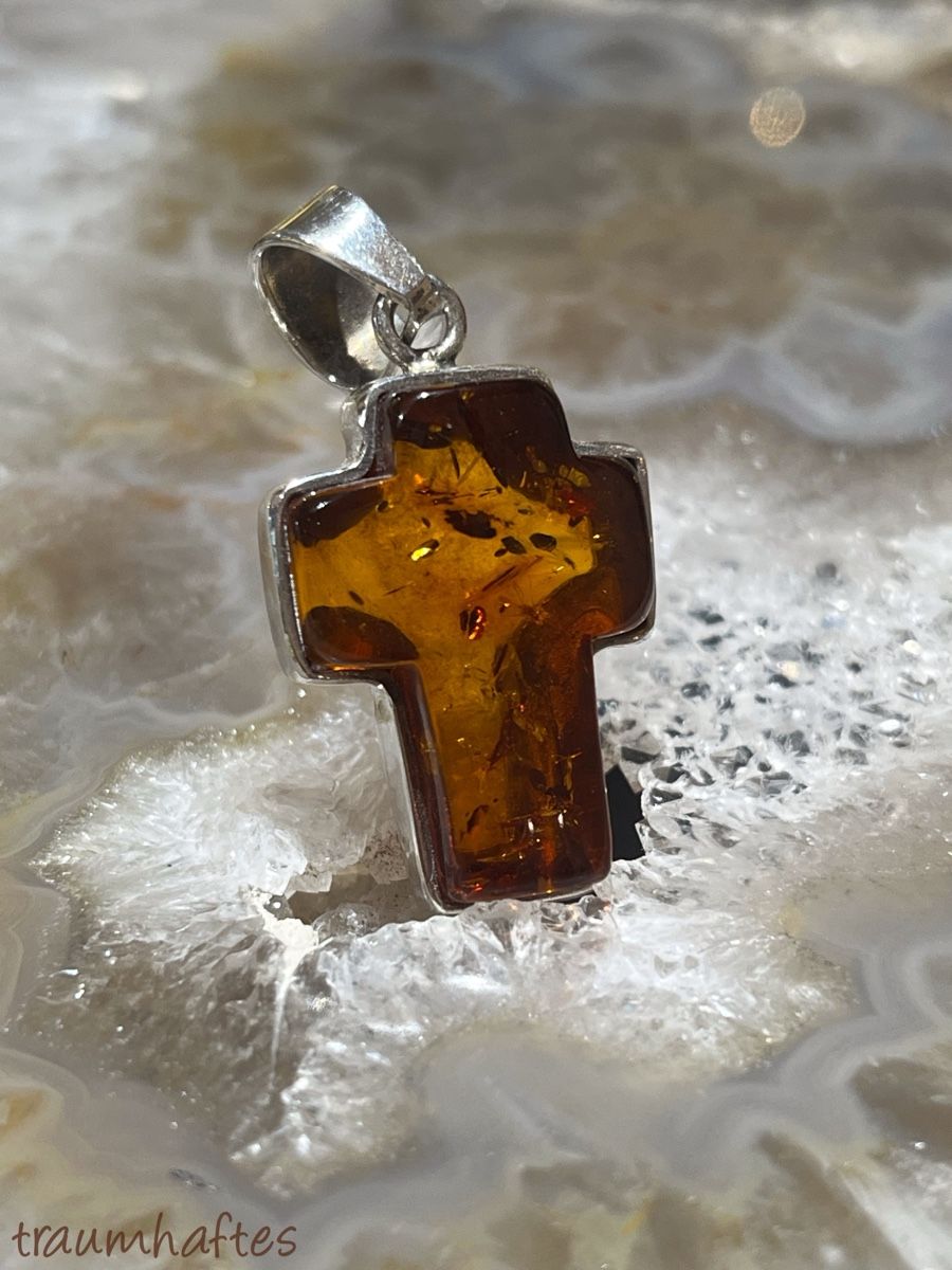 Ciondoli: Bernstein Kreuz in 925 Silber gefasst – Nuovo e nell'imballaggio originale da Thun venduto da Traumhaftes 5