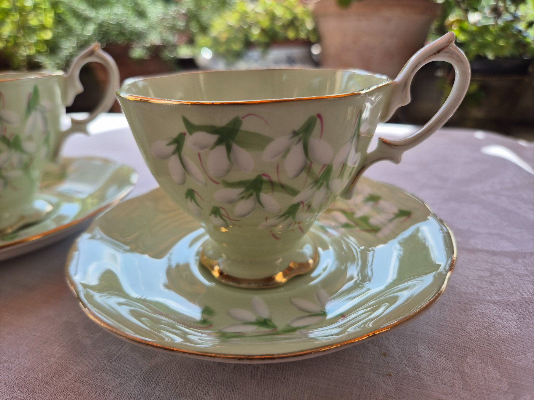 Royal Albert Tazze: 2 Kaffeetassen mit Unterteller hellgrün Schneeglöckchen – Usato da Bern venduto da aronari 1