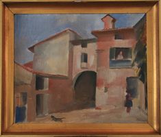 Ernest Bolens - Strassenszene mit Katze und Kind