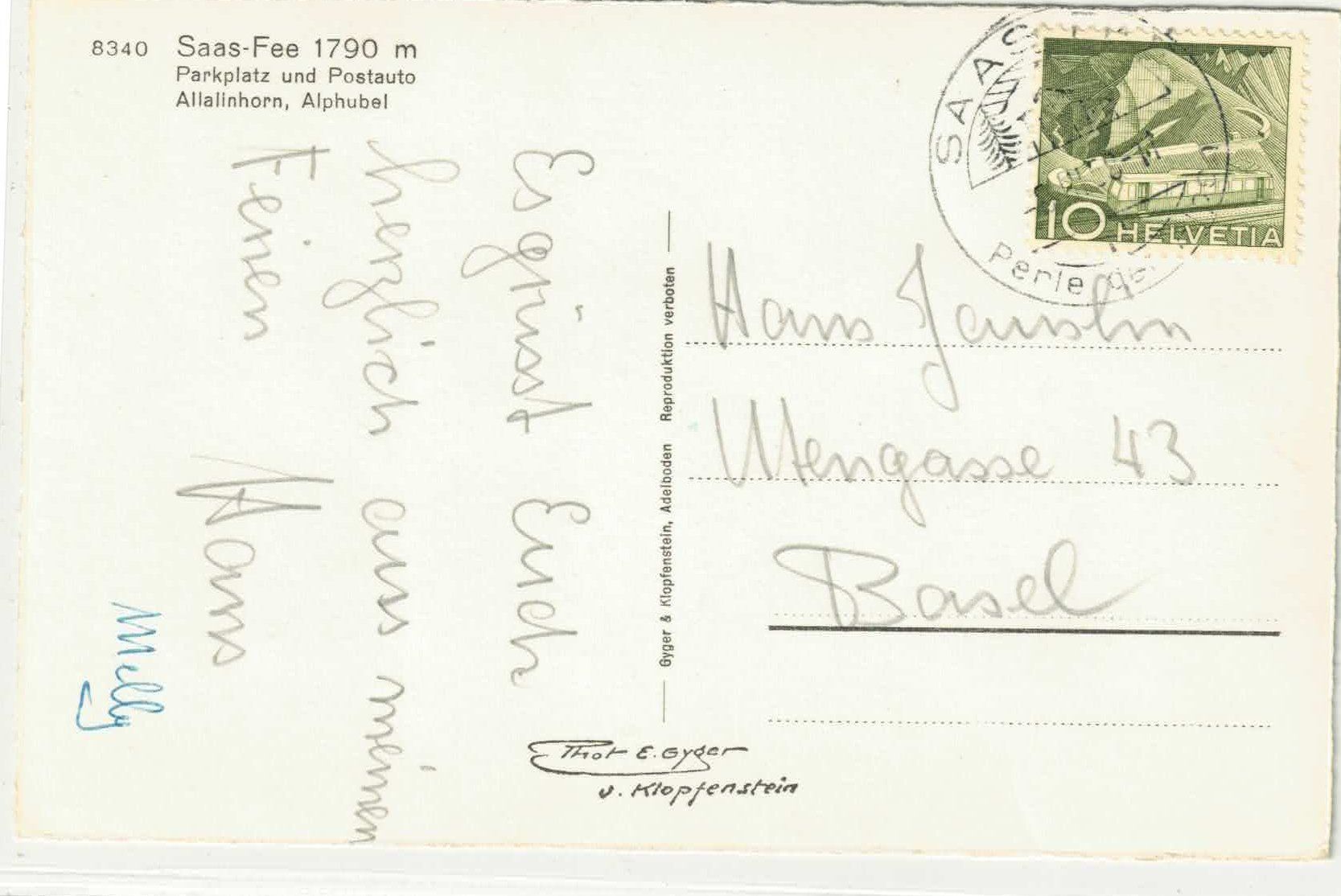 Cartoline postali: Saas-Fee - Parkplatz und Postauto - Photo: E. Gyger – Usato da Ettingen venduto da Kartenplanet 1