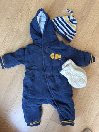 Baby Overall Set Blue Hooded Romper with Hat & Mittens