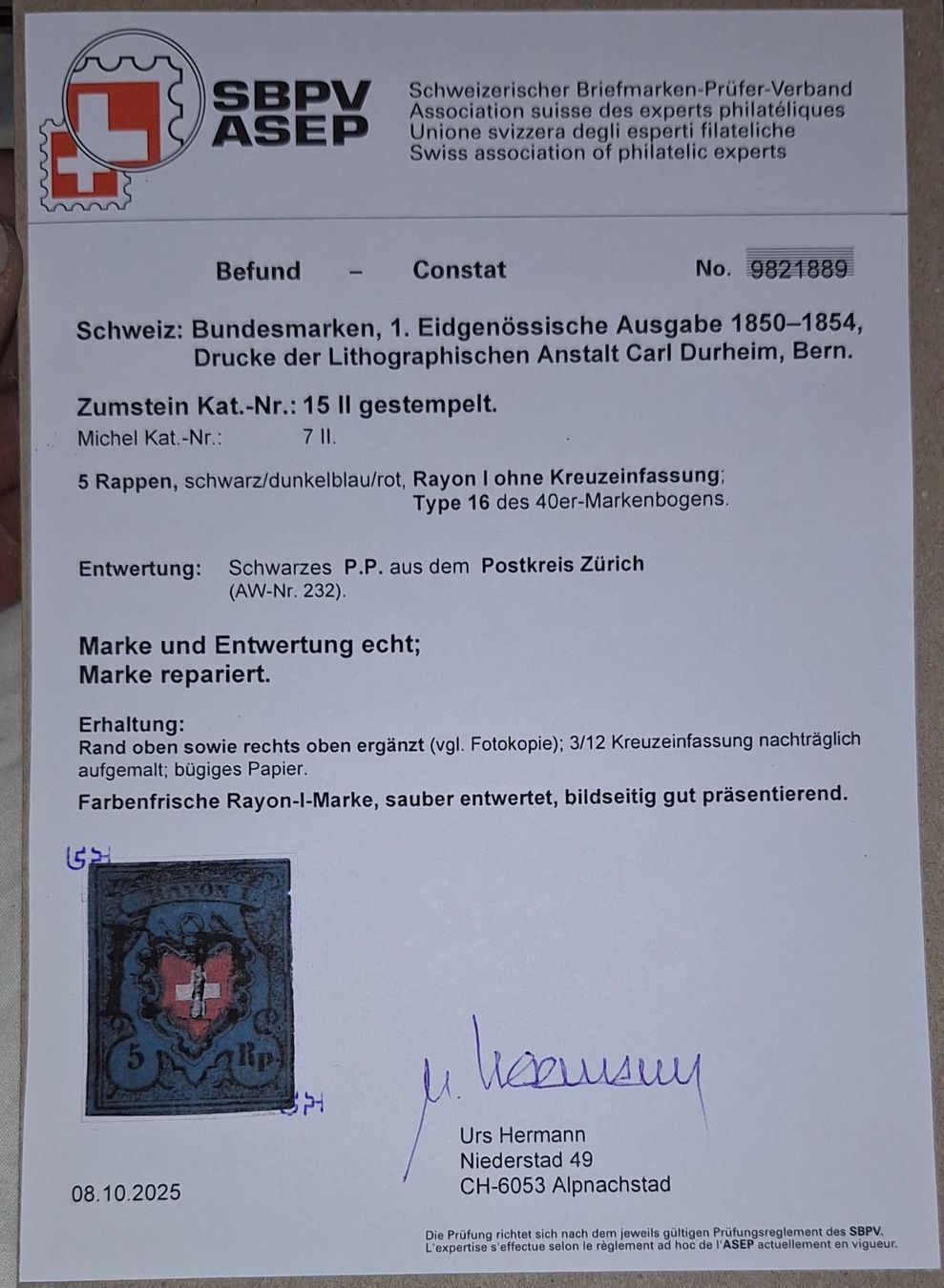 Tutti i francobolli: Rayon 15II Typ 16 mit Gross Attest jedoch mit mängel – Usato da Balgach venduto da SIMEON27 2