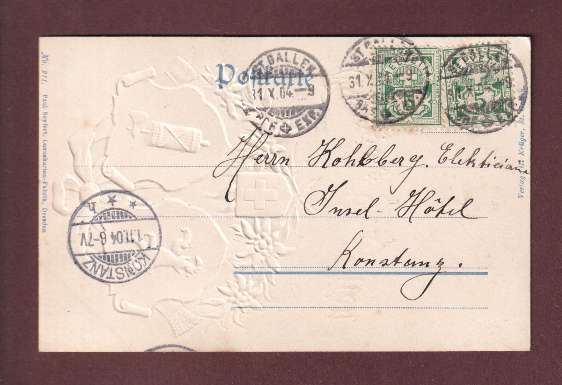 Cartoline postali: Gruss aus ST. GALLEN - 1904 Präge – Usato da Pully venduto da nicecards 1