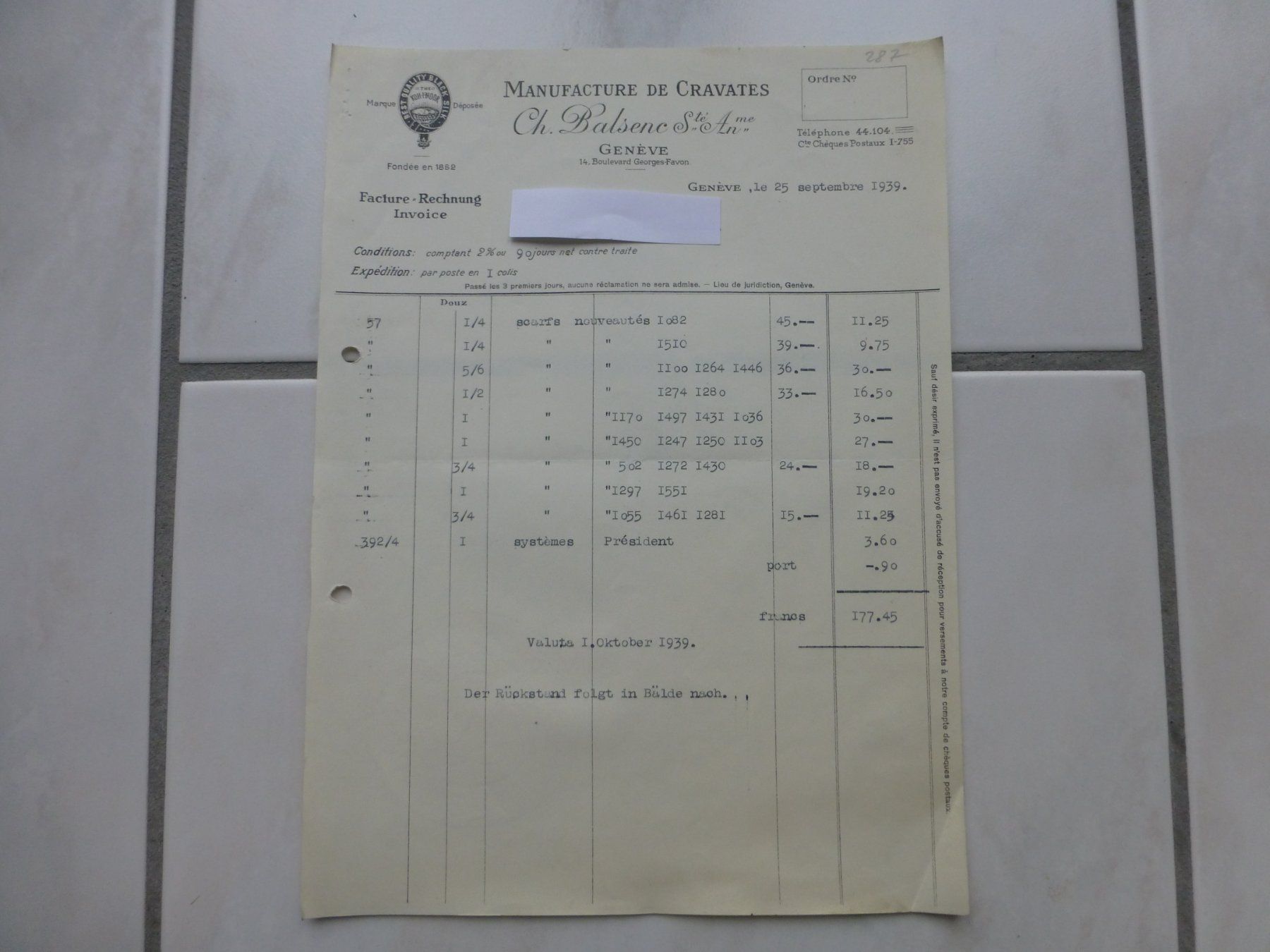 Dokumente: Genf Ch. Balsenc Ste.Anme. 25. Sept. 1939 – Gebraucht aus Bettlach von 1saurer