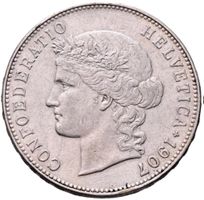 5 Fr. 1907, fast vorz., dezenter Stempelglanz