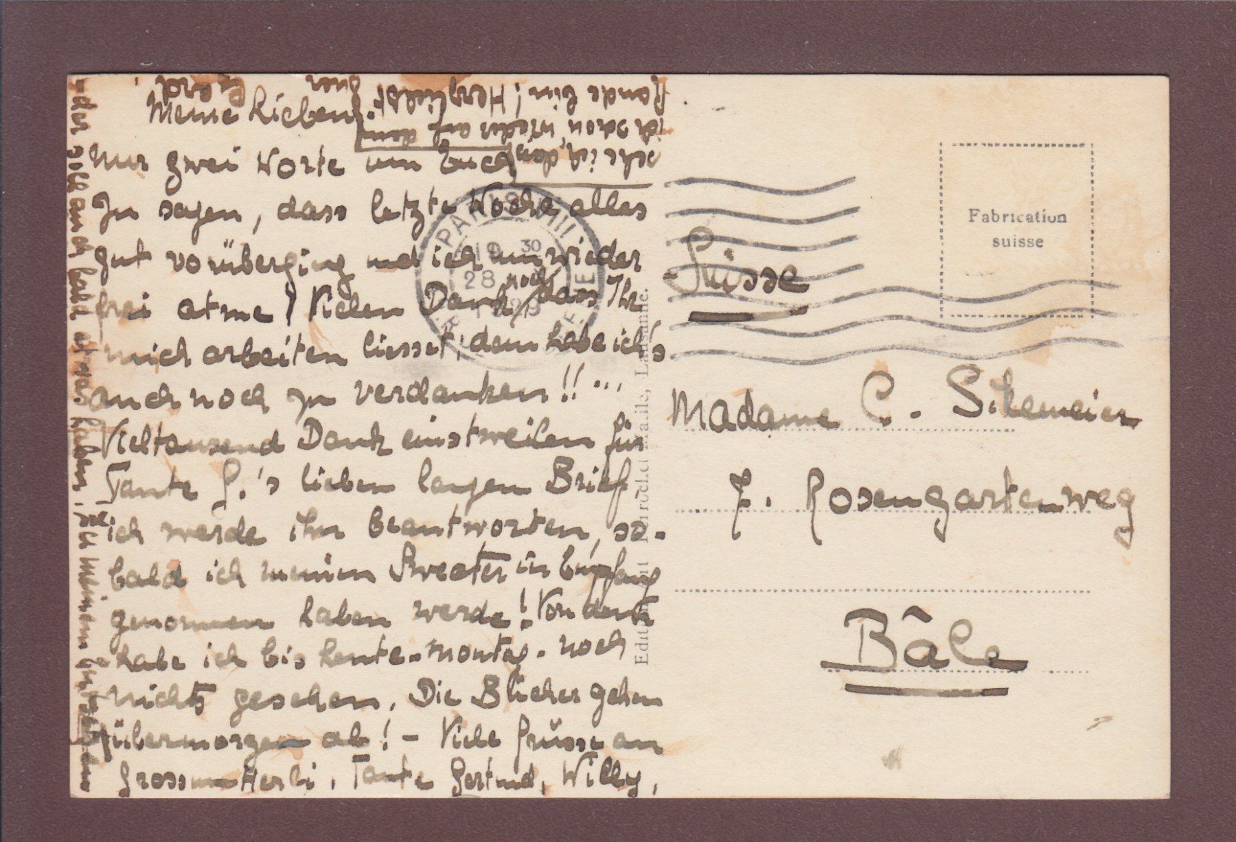 Cartoline postali: BASEL - Mittlere Rheinbrücke - 1929 – Usato da Pully venduto da nicecards 1