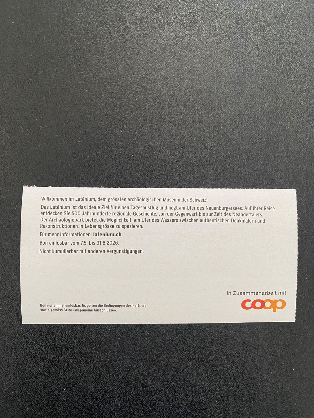 Gutscheine: Laténium, Neuchâtel / Bon 2 für 1 – Neu (gemäss Beschreibung) aus Uetliburg SG von GK2004 1
