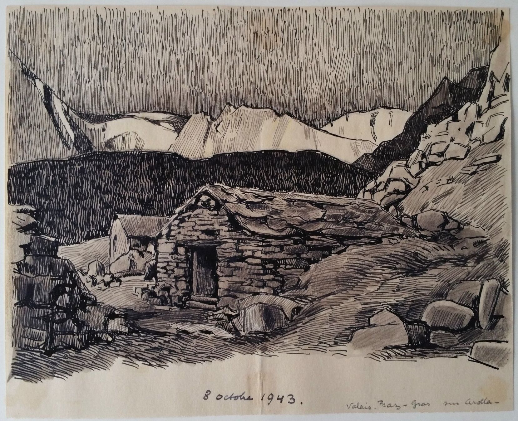 Dipinti: Jacques Jacobi: "Pragra sur Arolla" VS, Tuschezeichnung 1943 – Usato da Oberriet SG venduto da Manick