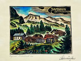 Samnaun Holzschnitt koloriert Alois Konrad Schwärzler