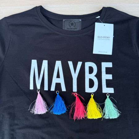 T-shirt noir Glo-Story avec pompons colorés-Neuf
