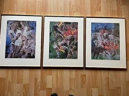 3 Hans Erni Sportbilder mit Passepartout hinter Glas