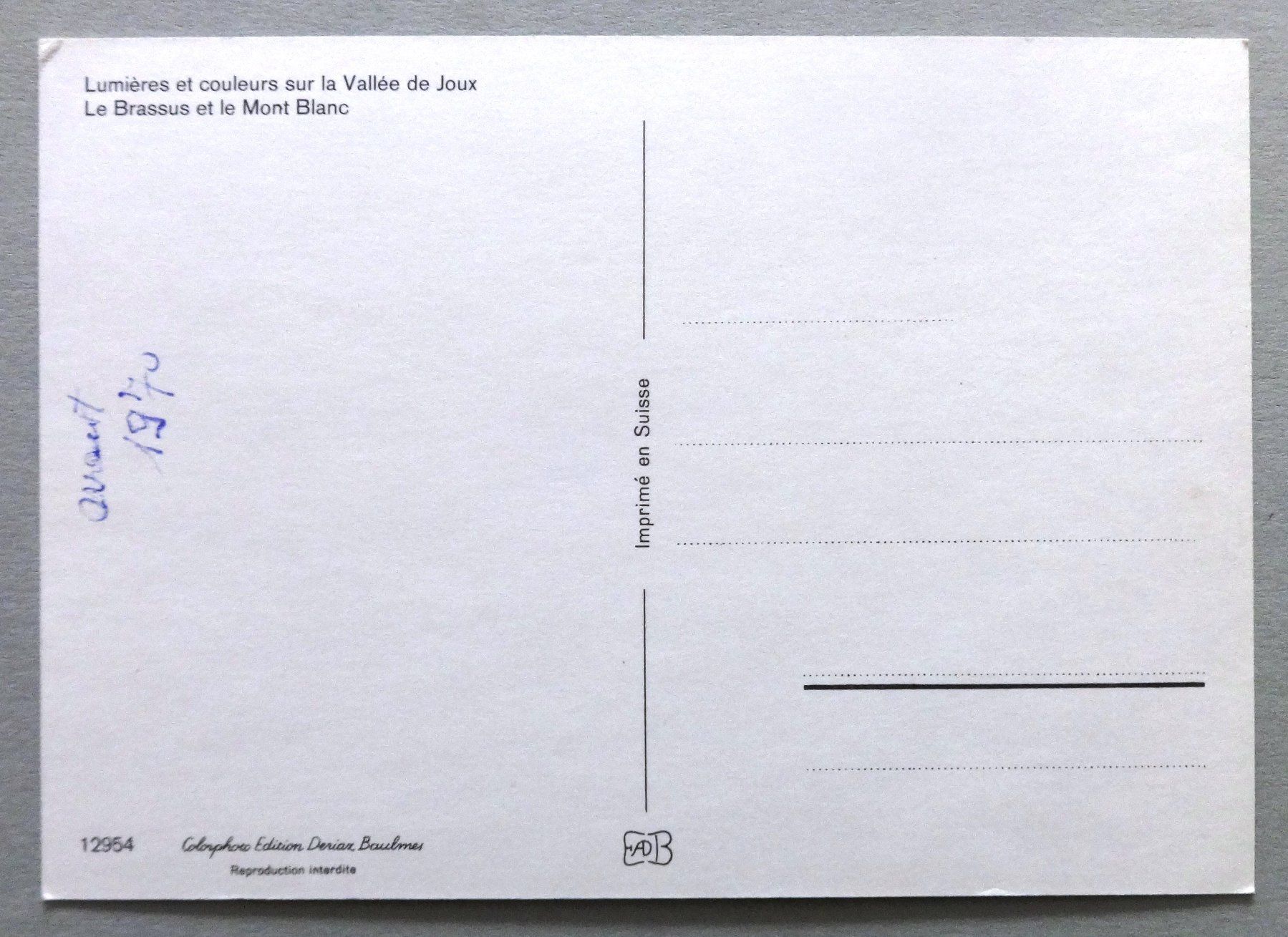 Cartes postales: Le Brassus et le Mt. Blanc – D'occasion à Fétigny par Billy2miny 1