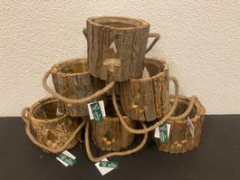 Windlicht aus Holz/Rinde mit Glaseinsatz, 6 Stück,12x13x13cm