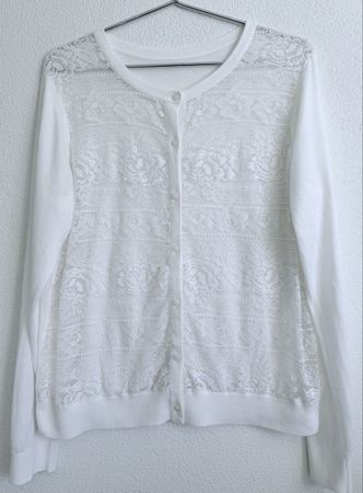 Leichte Strickjacke Weiss Gr. L, mit Spitzen Einsätze neuwer
