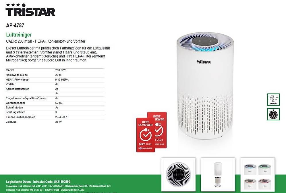 Luftreiniger: Luftreiniger Tristar  Neu - AP-4787 – Neu und originalverpackt aus Opfikon von total-shop 1