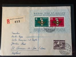 R-Brief 1959 mit Block 1959 sowie 70 Rp. Technik u. Landsch.