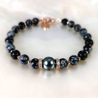 Bracelet perle Tahiti pierres fines Obsidienne - C.Z. Ag925